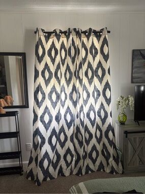 Bundle- 4 Panels of Navy Blue and White Light Filtering Window Curtains  50”x95”